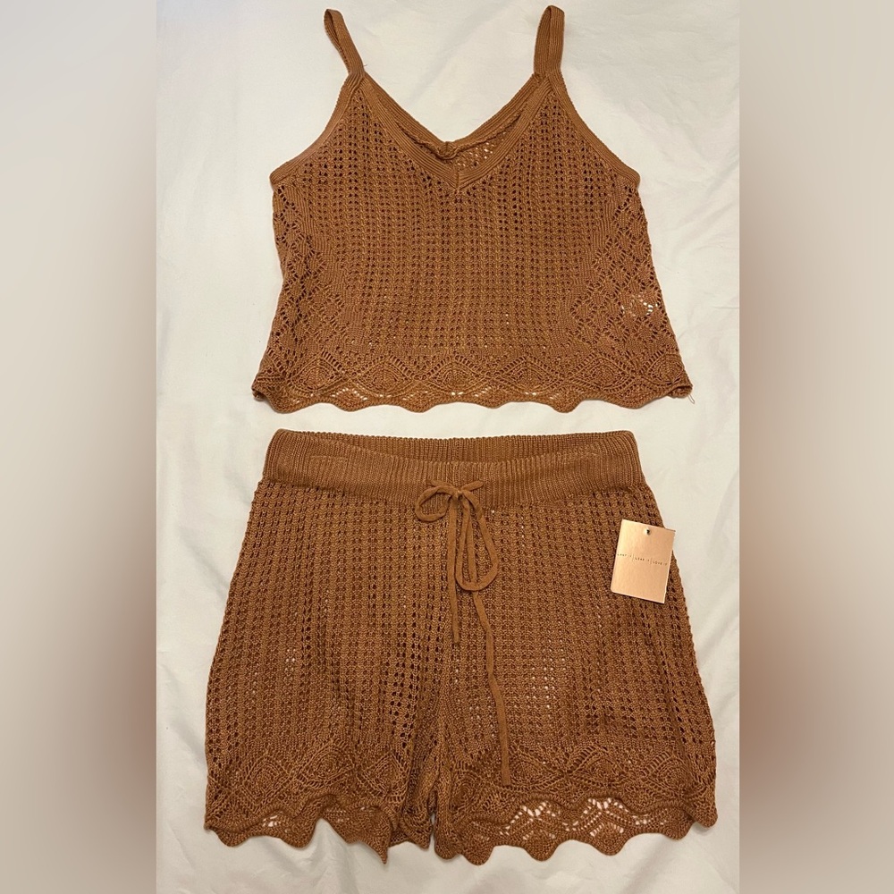 Almost Famous Crochet Short Set Caramel Medium